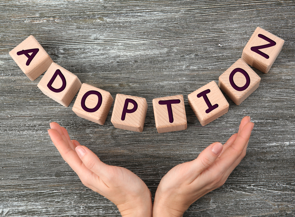 Adoption written on wooden blocks above cupped hands