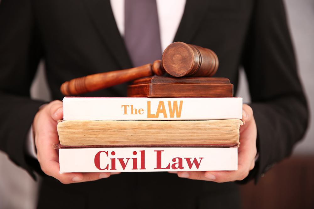 Lawyer holding stack of law books labeled The Law and Civil Law, topped with judge's gavel