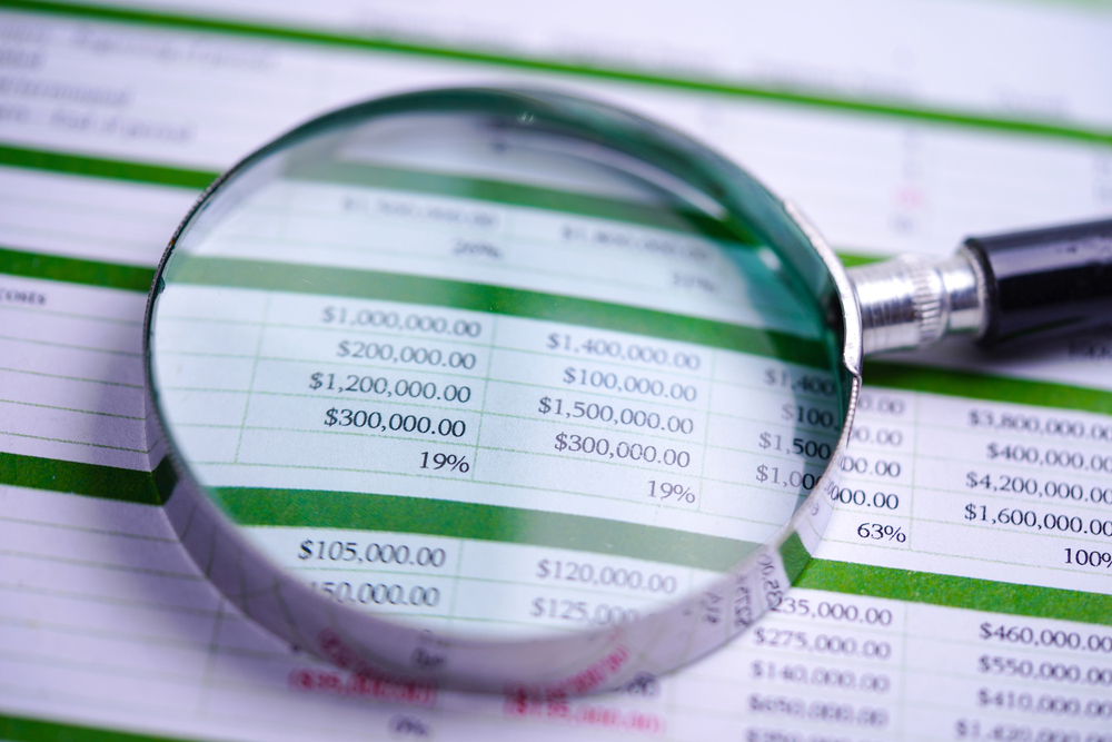 Magnify glass resting on top of financial spreadsheet