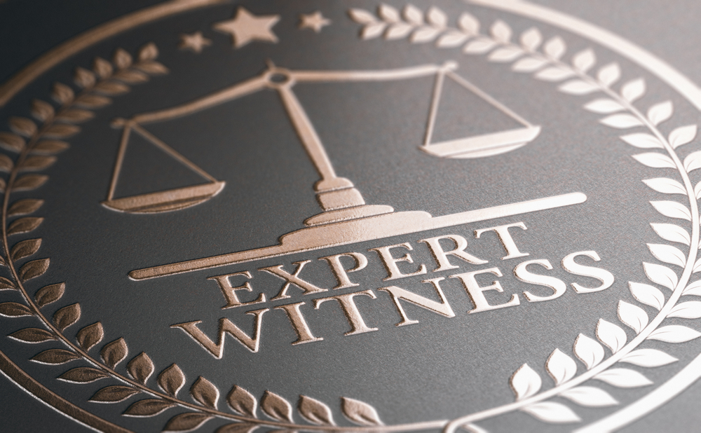 Golden emblem of justice scales with expert witness written underneath